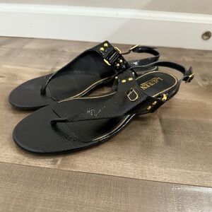 Lauren Ralph Lauren Gladiator Sandal Women 10 Black Patent Look Thong Gold Gloss